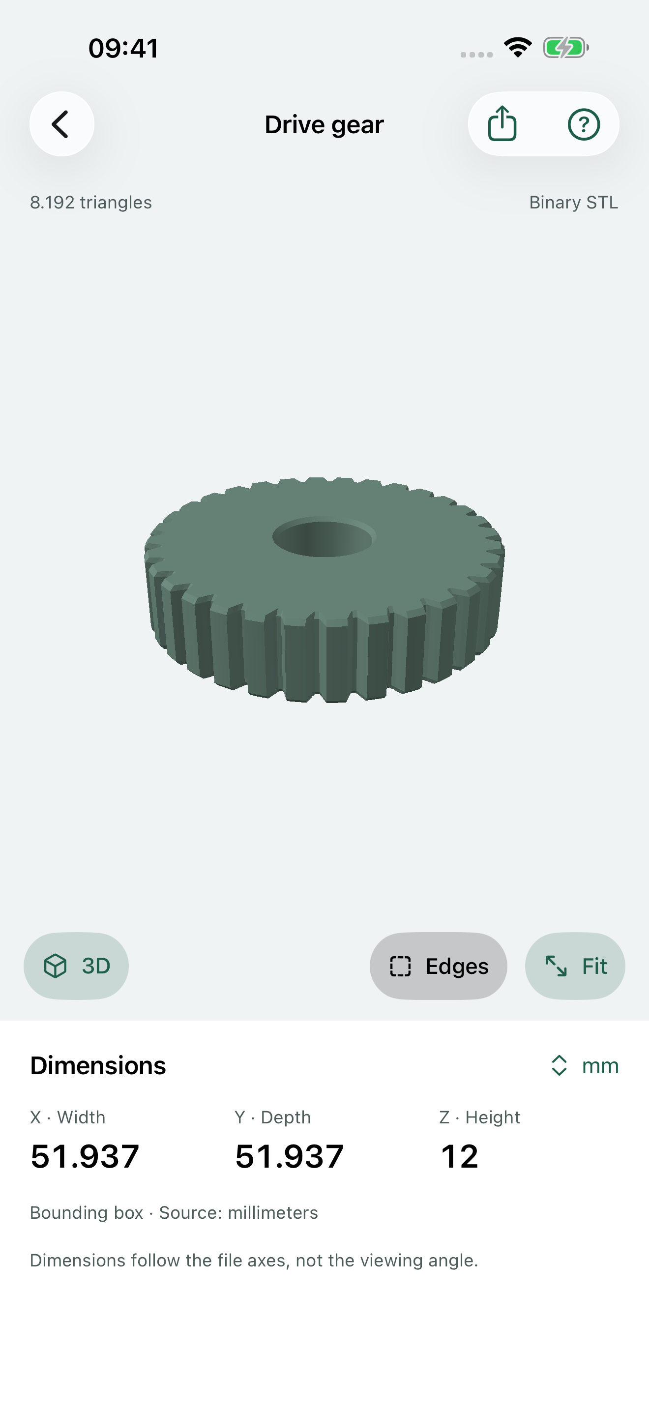 STL Viewer showing a drive gear in 3D with its width, depth and height.